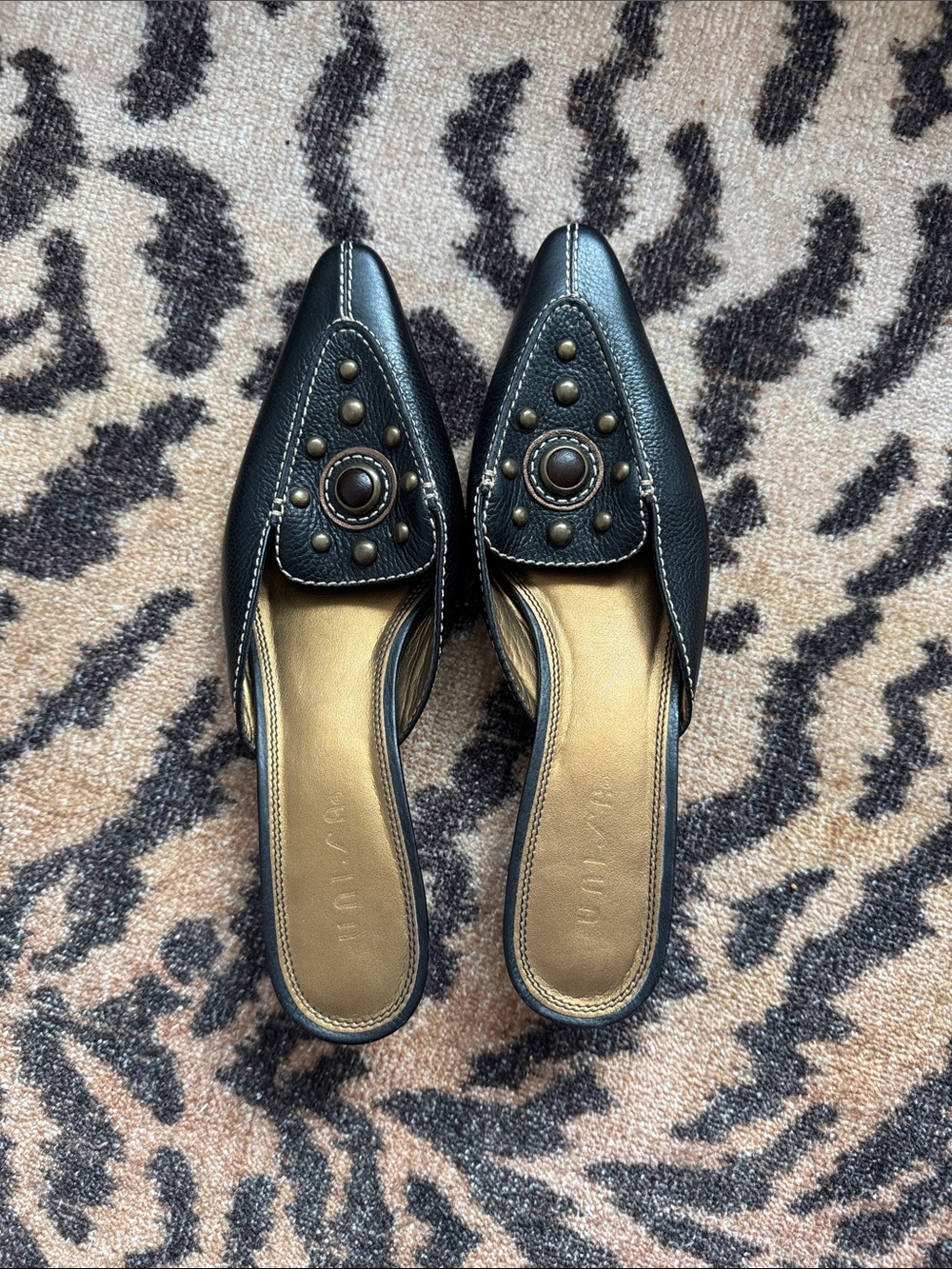 Leather Studded Slip-On Mules kitten heels with Gold Insole